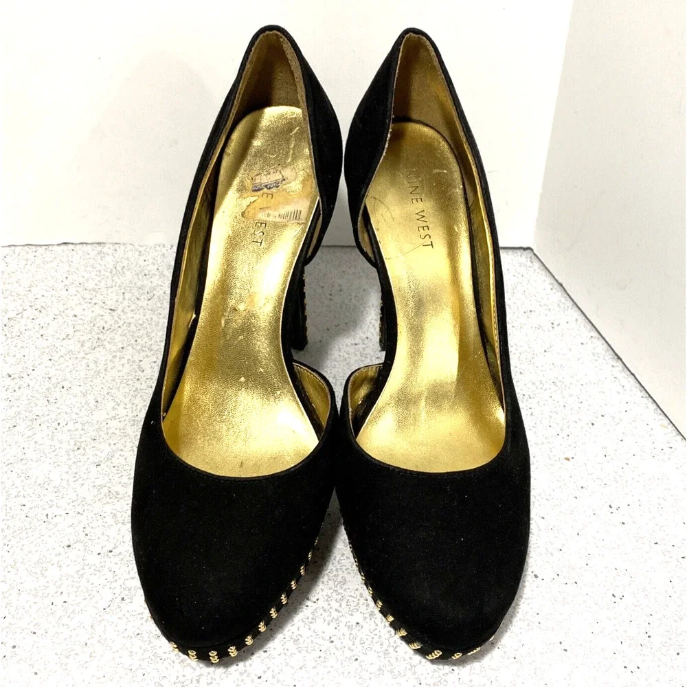 Nine West Gig high heel platform pumps black faux suede & gold studs US size 8M